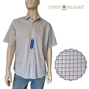 Tommy Hilfiger Shirt Button Up Short Sleeve Cotton Blend Window Pane Versatile
